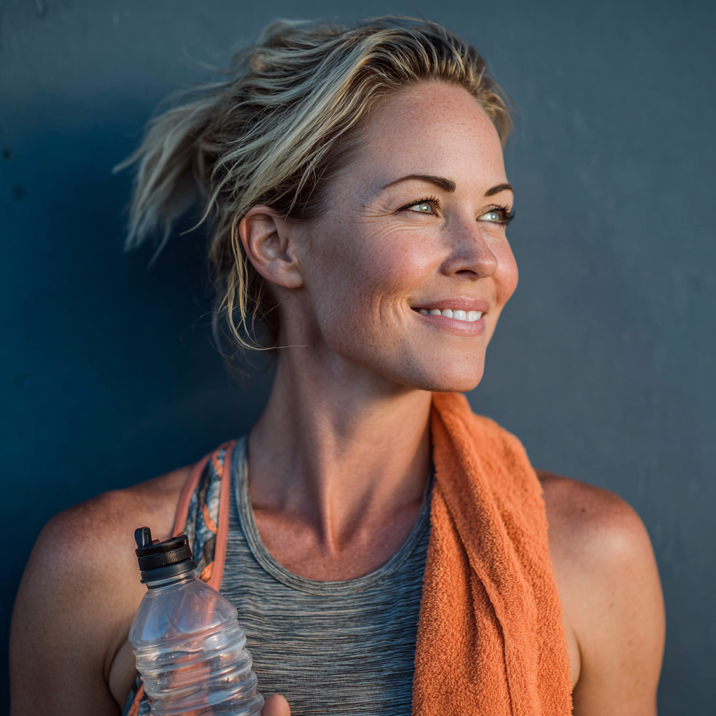 Confident woman in her 40s wearing fitness attire and holding a water bottle after completing her workout routine