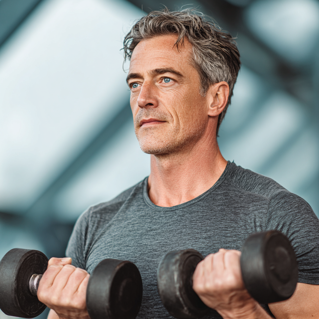 Middle-aged man in his 50s doing strength training exercises with dumbbells in a modern gym, showing focused determination