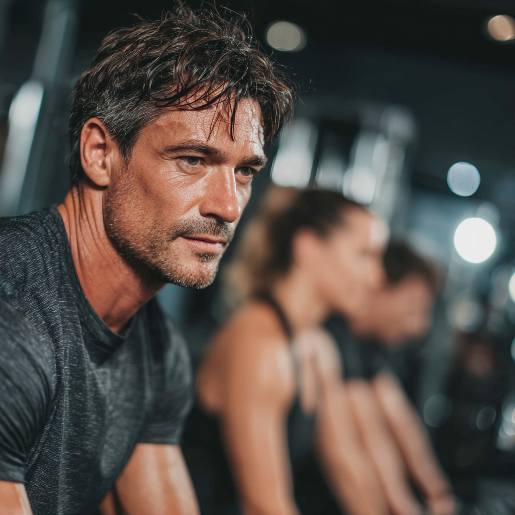 Professional fitness trainer in his 40s demonstrating proper exercise form to mature adult clients in a well-equipped gym setting